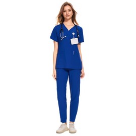 COZYFIT Medical Scrubs for Women Set - Curved V-Neck Scrub Top & Jogger Pants with 8 Pockets - Royal Blue, L