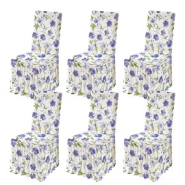 Rakila Printed Stretch Dining Chair Covers with Skirt, Spandex Removable Chair Slipcovers for Dining Kitchen Decoration, Blue Floral, Set of 6