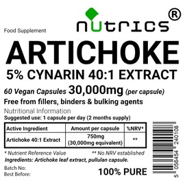 Nutrics® 30,000mg (per Capsule) Artichoke Leaf Extract 60 V Capsules 100% Pure No fillers Binders or Bulking Agents (2 Months Supply)