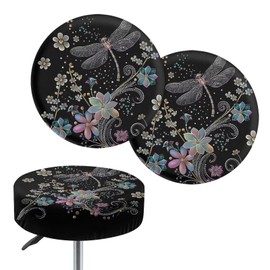 PCSJRKG Dragonfly Bar Stool Covers Floral Print Round Stool Cushion Cover Bar Chair Covers Removable Washable Chair Covers for Dining Room Office Hotel Set of 2