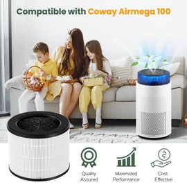 2 Pack Airmega 100 Fil-ter Replacement Compatible with Coway Airmega 100 Air Purifi-er, 3-IN-1 H13 True Hepa Fil-ter, Deodorization Fil-ter with Activated Carbon