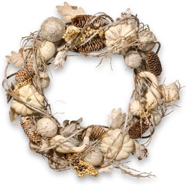 National Tree Company Artificial Autumn Wreath, White, Decorated with Pumpkins, Gourds, Pinecones, Berry Clusters, Ball Ornaments, Oak Leaves, Autumn Collection, 20 in