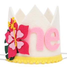 RSOLIET Felt 1st Birthday Crown with Hibiscus Flowers, Hawaiian Theme Party Headband, First Birthday Celebration Accessory, 3.5 x 3.1 Inch