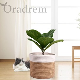 Oradrem 11" Cotton Rope Plant Basket Modern Woven Baskets for 10" Flower Pot Floor Indoor Planters,Storage Organizer Baskets Home Decor,Brown White 11"x 11"