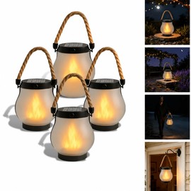 kaliqo Solar Lantern Outdoor Lights, Realistic Dancing Flame Effect, Solar Powered Lanterns for Camping, 100% Waterproof, Hemp Rope Flame for Patio Garden Decor (4 PCS)