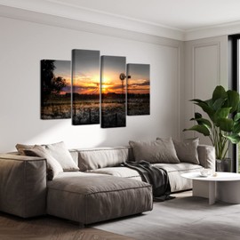 LevvArts Farm Landscape Pictures Wall Art Decor Rustic Farmhouse Windmill at Sunset Scenery Photograph Painting Giclee Print on Canvas Set of 4 Gallery Wrap Ready to Hang