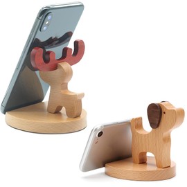 ieron 2Pcs Wooden Cell Phone Stand, Dog and Deer Universal Desktop Animal Portable Tablet Holder Desk Decoration Wood Gifts Ideas