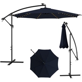 HAPPYGRILL 10FT Offset Umbrella Solar Powered Cantilever Umbrella with 112 LED Lights, Tilt Design, Crank Handle, Cross Base Stand, Outdoor Patio Hanging Market Umbrella for Pool Garden Yard Deck