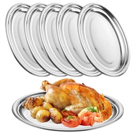 CYEAH 6 Pcs Stainless Steel Oval Platter, Heavy Duty Sizzling Platter, 14 in Large Silver Serving Trays, Metal Sizzler Plates Decorative Silver Plates for Table Decor Food Sushi Appetizer