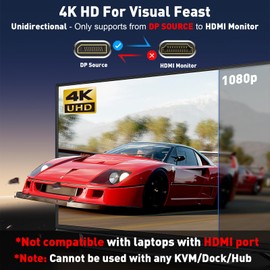 UANTIN 4K DisplayPort to HDMI Cable 6Ft, Uni-Directional Only, DP 1.2 (Source) to HDMI 1.4 (Display), 4K@30Hz, 2K@60Hz, Display Port Braided Cord for AMD, NVIDIA, Dell, Monitor