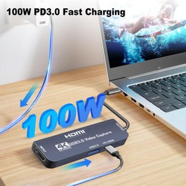 USB 3.0 Video Capture Card with 100W Power Supply & 3.0 Port, 4K HDMI to USB C/USB A Capture Card, for Live Streaming, Gaming, Video Audio Recorder, 1080p 60hz Grabber Compatible with Camera