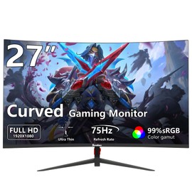 Sealan 27 inch Gaming Monitor Curved 75Hz Computer Monitor Full HD 1920 x 1080P with HDMI VGA Interface Eye Care Frameless 100 x 100mm VESA with 3-Side Virtually Borderless Design