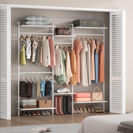 Gyfimoie Custom Closet Organizer System, Wall Mounted Clothes Rack with 4 Hanging Rods&6-Tier Adjustable Shelves, Heavy Duty Clothing Rack for Hanging Clothes, Garment Rack with Metal (White)