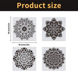 Set of 4 Mandala Stencils, Large Wall Stencils, Wall Stencils for Painting, Reusable DIY Painting Template Accessories, Flower Craft Stencil for Wall Floor Canvas Cushion Decoration
