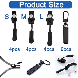 18Pcs Universal Zip Repair Kit, 3 Sizes Zip Slider Replacement, Zip Replacement, Zips for Jackets, Coats, Luggage, Backpacks Zippers Fasteners (12 Black Zipper Slider and 6 Zipper Replacement Head)
