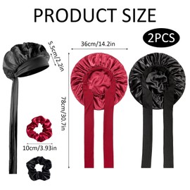 Pack of 2 Silk Caps, Sleep Cap, Silk, Adjustable Satin Hair Cap, Silk Bonnet Sleep Cap, Women Girls Breathable Sleeping Cap, Shower Caps, with 2 Satin Hair Bobbles, for Various Hair Types