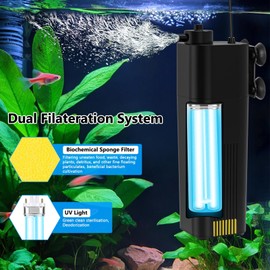 fishkeeper Aquarium Filter U-V for 10-75 Gallon, 132 GPH Fish Tank Filter for Green Water and Algae Clean, Ultra Silent Submersible Pump Filter with Adjustable Bubble Output for Deodorization Killing