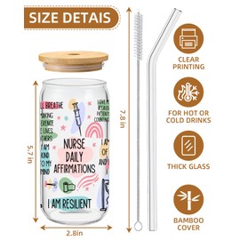 KISJO Nurse Daily Affirmations Gifts - Funny Iced Coffee Glass Cup with Lid and Straw, Motivational Gifts for Nurses Coworkers - 16 Oz Coffee Glass