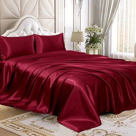 Homiest 3pcs Satin Sheets Set Luxury Silky Satin Bedding Set with Deep Pocket, 1 Fitted Sheet + 1 Flat Sheet + 1 Pillowcase (Twin Size, Burgundy)