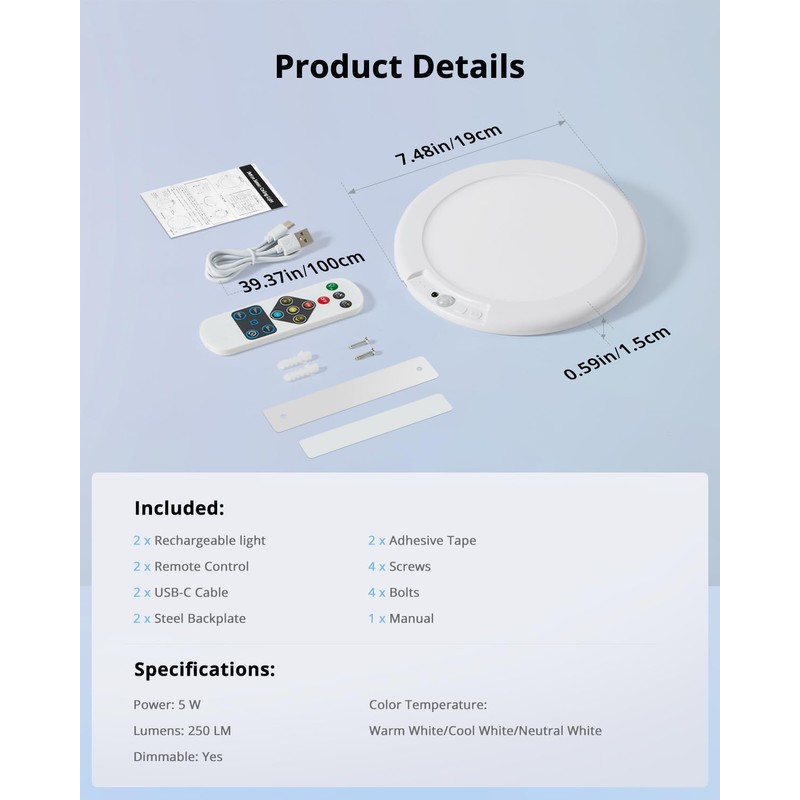 Combuh 2Pack Rechargeable Closet Lights Motion Sensored, Battery Powered Shower