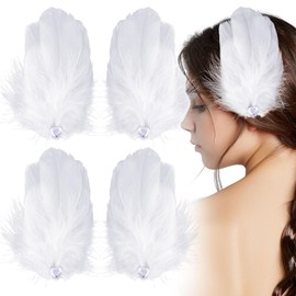 VARMDUKKE 4 PCS Feather Hair Clips, White Feather Heart Headpiece for Women, Vintage 1920s Flapper Hair Barrettes, Elegant Swan Lake Hair Accessories for Wedding, Party, Costume