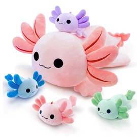YUNCOL Axolotl Plush，Cute Axolotl Mommy Stuffed Animal with 4 Baby Axolotl Plushies in Tummy，Kawaii Axolotl Plush Toy Gift for Kids Girls Boys
