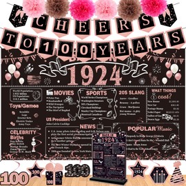 100th Birthday Decorations for Women,16PCS Back in 1924 Banner 100 Party Decorations,Including Vintage 1924 Banner,1924 Anniversary Card,Cheers to 100 years banner,7 Hanging Swirl,6 paper Poms