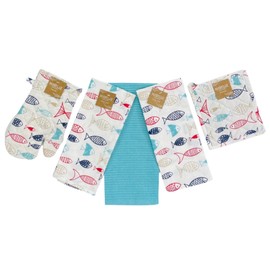 Summer Kitchen Pot Holder Oven Mitt Dish Towel Set: Fun Navy White Red Fish Design, 5 pc Set (Fish)
