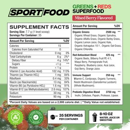 Sport Food SPORTFOOD Organic Greens & Reds Superfood Powder | Mixed Berry Flavor | 25+ Super Fruits & Veggies, Beets, Prebiotics | Energizing, Antioxidant-Rich, Keto-Friendly Smoothie Mix | 35 Servings