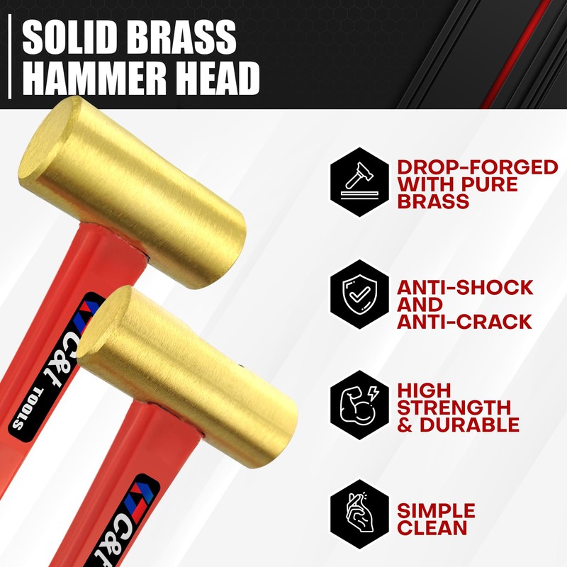 C&T 3-Piece Hammer Set, Jacketed Fiberglass Solid Brass Non-Sparking Hammers,