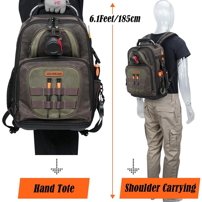 WELKINLAND 36-Pockets Electrician Backpack, Hard-Based HVAC Backpacks, Waxed-Canvas Technician Backpack,