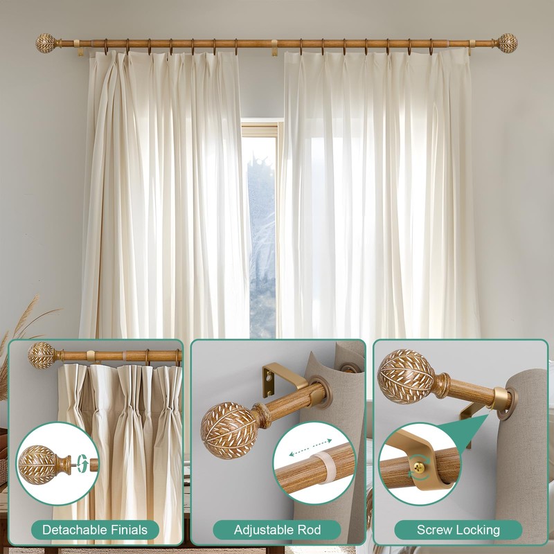 QDWIS Wood Curtain Rods for Windows 72 to 144 Inch,1''