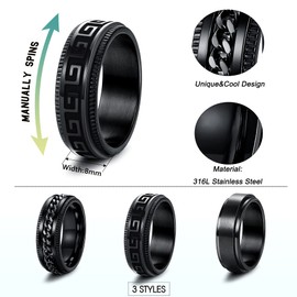 Thunaraz 3Pcs Stainless Steel Fidget Ring for Men Women Cool Chain Greek Key Spinner Band Ring Set for Wedding Promise Stress Relieving 8MM Wide