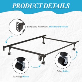 King's Brand Heavy Duty Metal Twin Size Bed Frame with Rug Rollers & Locking Wheels, Black