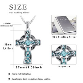 Black Cross Necklace for Men 925 Sterling Silver Turquoise Cross Pendant Necklaces Religious Jewelry for Women Father Husband Birthday Gifts (Celtic Cross)
