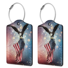 Independence Day Luggage Tags for Suitcases, 2 Pack American Flag with Eagle,Luggage Tag, Leather Stainless Steel Loop Label Tag for Men Travel Bag Suitcase