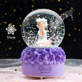 Girl Figurine Snow Globe for Women Girls, 80mm Resin Glitter Water Globe Music Box with Color Changing LED Lights and Flower Base, Home Decor (Purple)