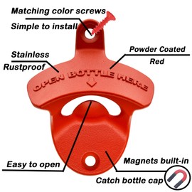 Luwanburg Red Magnetic Bottle Opener Wall Mounted Beer Cap Opener with Magnets Built-in for Cooler Post