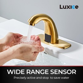 Luxice Brushed Gold Touchless Bathroom Sink Faucet - Automatic Motion Sensor Battery Opertated with Temperature Mixing Valve for Commercial Lavatory