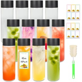 Dayify 12 Pack 12 oz Glass Juice Bottles with Lids, 350 ml Empty Glass Water Bottles with Black Caps, Reusable Drinking Jars for Juicing, Milk, Beverages, Smoothies