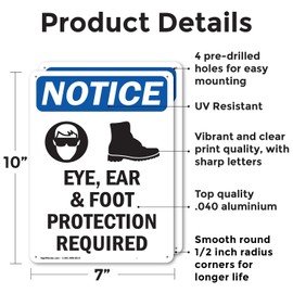 (2 Pack) Eye Ear & Foot Protection OSHA Notice Sign 7 Inch X 10 Inch Indoor/Outdoor Rust-Free Aluminum Metal Signs for Workplace, Workshop, and Construction Site, Made in the USA