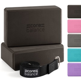 Core Balance Yoga Blocks Double Pack & Free Yoga Strap, 2 Pieces EVA Foam Blocks, Robust & Lightweight, Cotton Straps with Innovative D-Ring Closure, Ideal for Pilates, 5 Different Colours