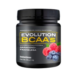 EVOLUTION, Aminocidos BCAA, Suplemento Alimenticio, Leucina, Sin Gluten, Pre Workout, Post Workout, Sabor Arndano - Frambuesa, 25 Porciones, 500g     