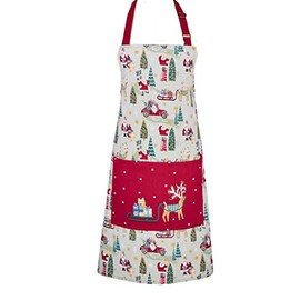 Ulster Weavers - Christmas Chef Apron (70 x 80cm) - 100% Recycled Cotton - 1x Pocket - Washable - Reindeer & Santa Claus Print Apron - Sage Green Apron with Xmas Trees - Christmas Kitchen Decorations