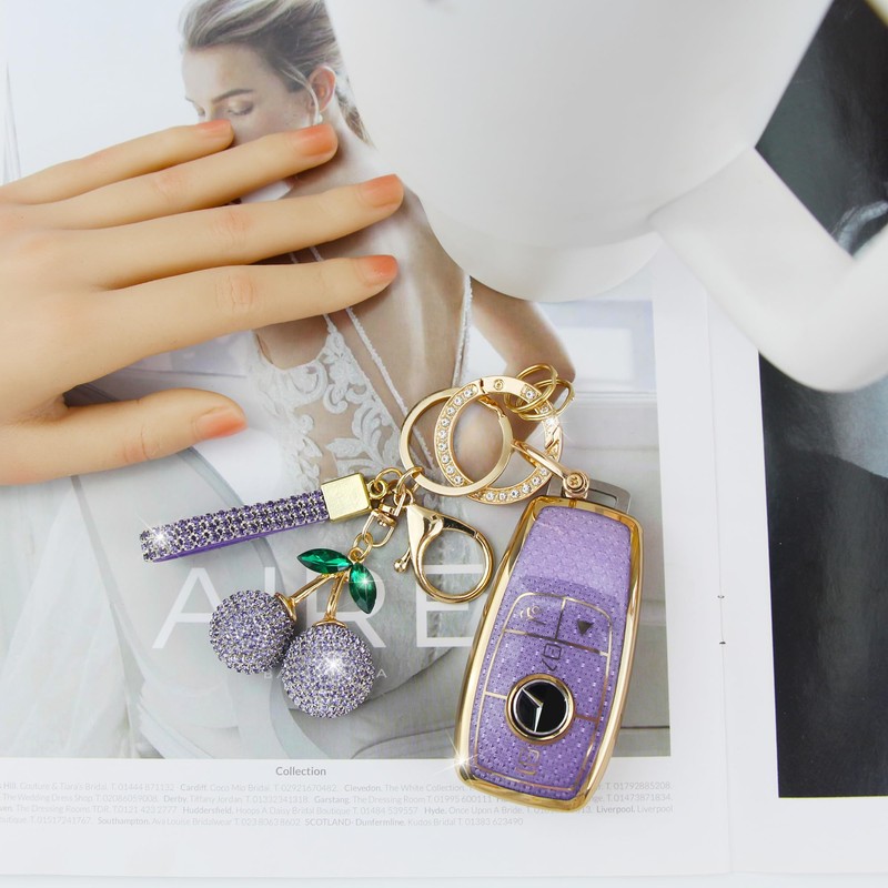 Rayslesan Sparkly Key Fob Cover with Cherry Keychain, Bling TPU