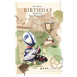 Open Male Birthday Card - Rugby Ball, Football with Boots Trophy and Foil 7.75 x 5.25"