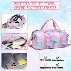 Dance Bag for Girls Gymnastics Bag Ballet Bag Teens Gym Sports Bag Girls Overnight Sleepover Kids Duffle Bag with Shoe Compartments and Wet Pocket,Marble Pink