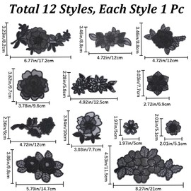 GORGECRAFT 12 Styles 3D Flower Patches Fabric Embroidery Floral Blossom Sew on Lace Trim Applique for Wedding Bride Dress Sewing Repairing Decorating Clothing DIY Crafts Black