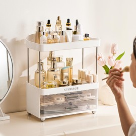 UFORU Bathroom Organizers and Storage | 2-Tier 2-Drawer Makeup Organizer Countertop, Easy to Install & Multi-Purpose - Counter & Sink Storage Shelf for Vanity, Skincare, Perfume, Present, and More