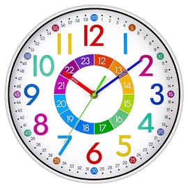 Jubaopen 1 x wall clock without ticking sounds, children's wall clock, silent, colourful numbers wall clock, learning wall clock, quartz, silent, boys and girls, learning clock children for the room
